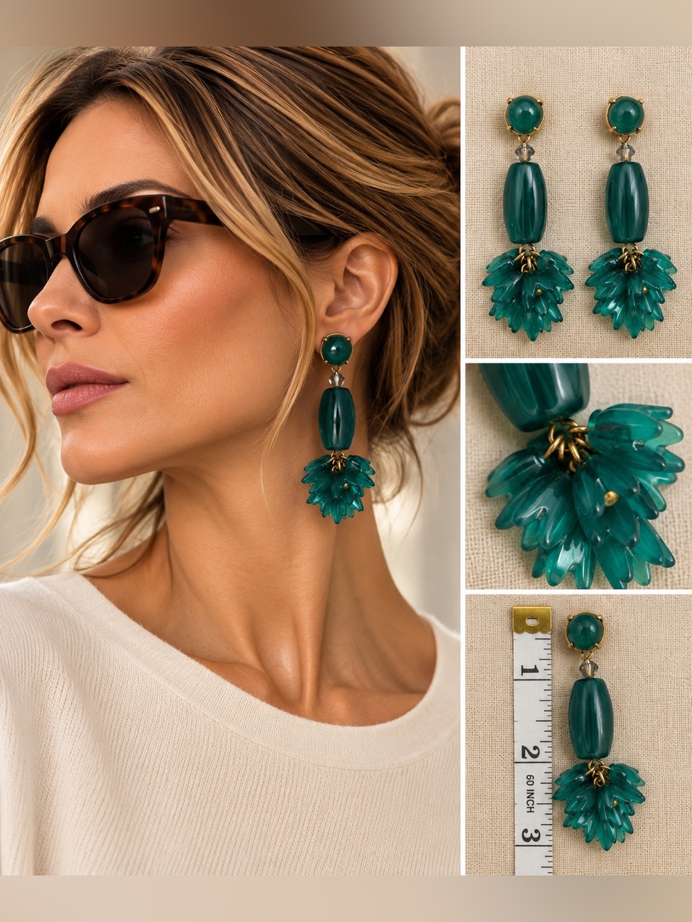 NWOT J. Crew Emerald Green Statement Drop Flowery Earrings